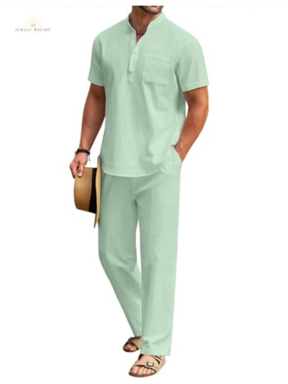 Men's 2 Piece Cotton Linen Set Henley Shirt & Beach Pants Casual Summer Outfit